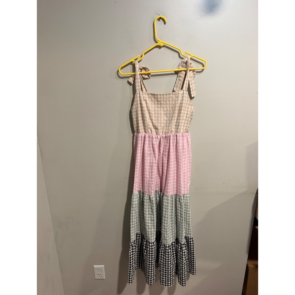 SHEIN Women Pastel Gingham Tiered Maxi Dress Tie Strap Smocked Back Size S